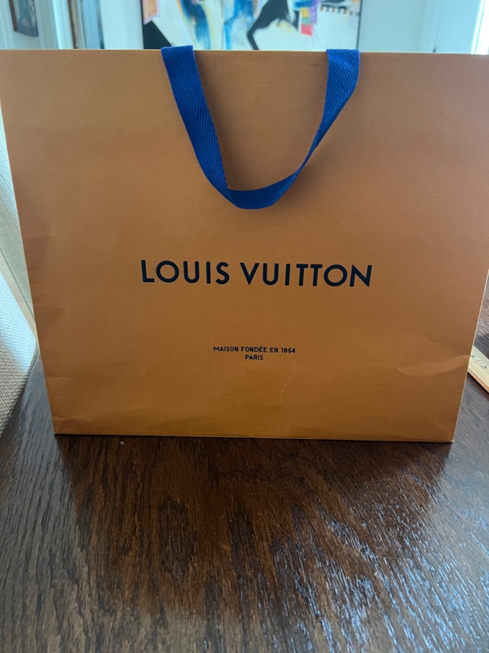 Louis Vuitton Orange Paper Shopping Bag with Blue Ribbon Handles